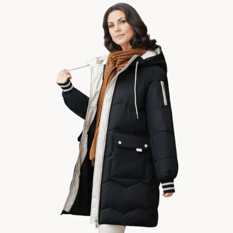 Damen Winter Steppjacke mit Kapuze und Streifenbündchen