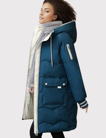 Damen Winter Steppjacke mit Kapuze und Streifenbündchen