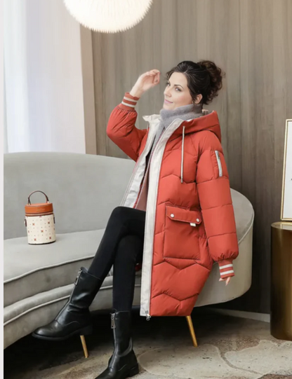 Damen Winter Steppjacke mit Kapuze und Streifenbündchen