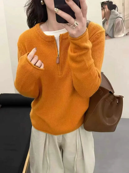 Damen Strickpullover mit Reißverschluss Kragen, Langarm
