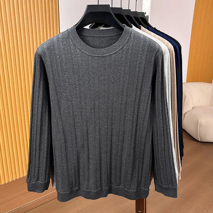 Herren Rundhals Pullover Strickoptik Langarm Shirt Grau