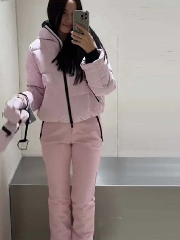 Damen Steppjacke mit Kapuze & Skihose Set Hellrosa