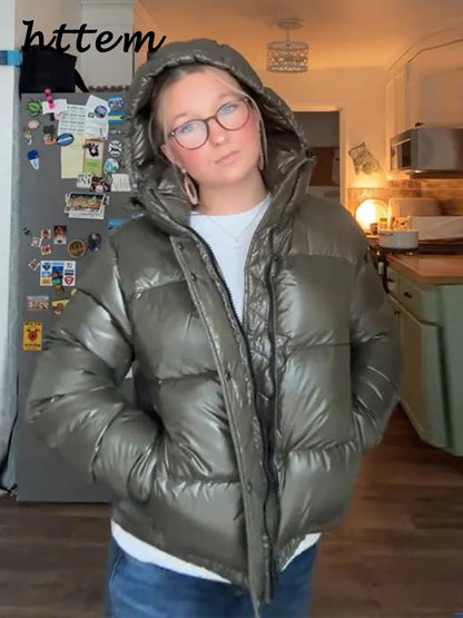 Glänzende Damen Steppjacke mit Kapuze, Grün