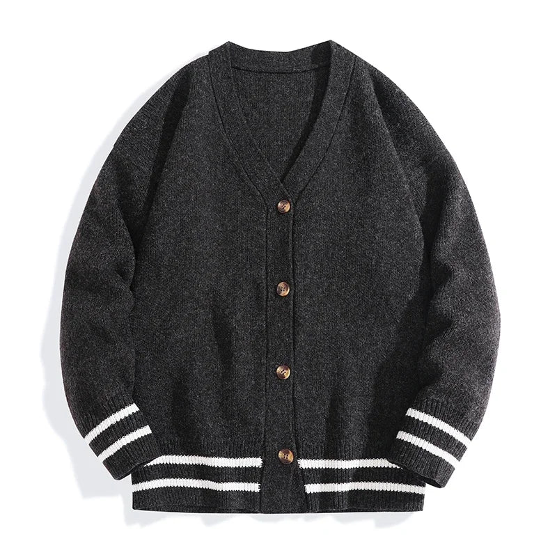 Unisex Strick Cardigan mit V-Ausschnitt und Streifen Schwarz
