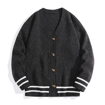 Unisex Strick Cardigan mit V-Ausschnitt und Streifen Schwarz