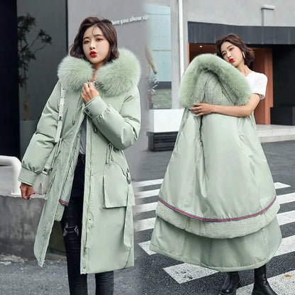 Damen Winterparka mit Kunstfellkapuze Lang Mantel Steppjacke Kordelzug