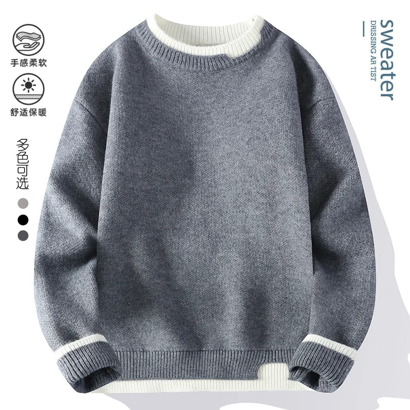 Unisex Strickpullover Rundhals mit zweifarbigen Rippbündchen Rosa