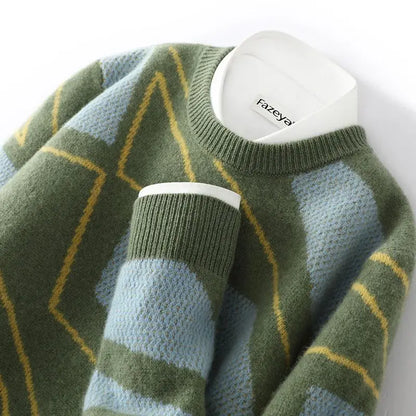 Unisex Pullover mit Rautenmuster, Rundhals und Rippbündchen, Mehrfarbig