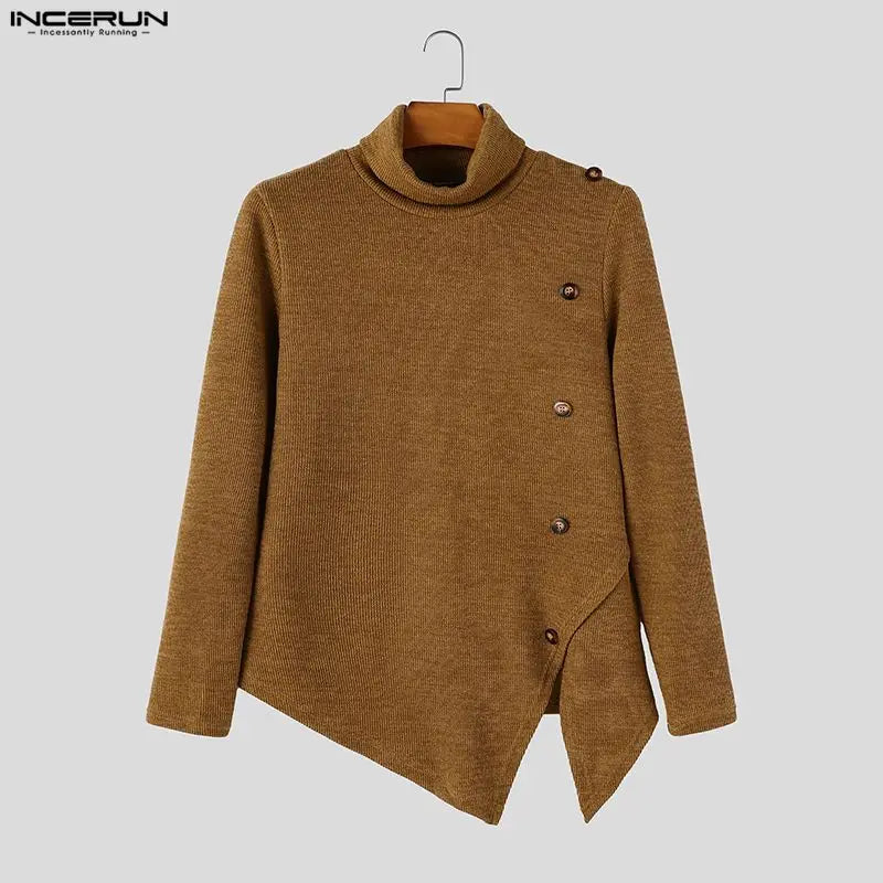Herren Rollkragenpullover Asymmetrischer Saum Knöpfe Langarm Strickpullover