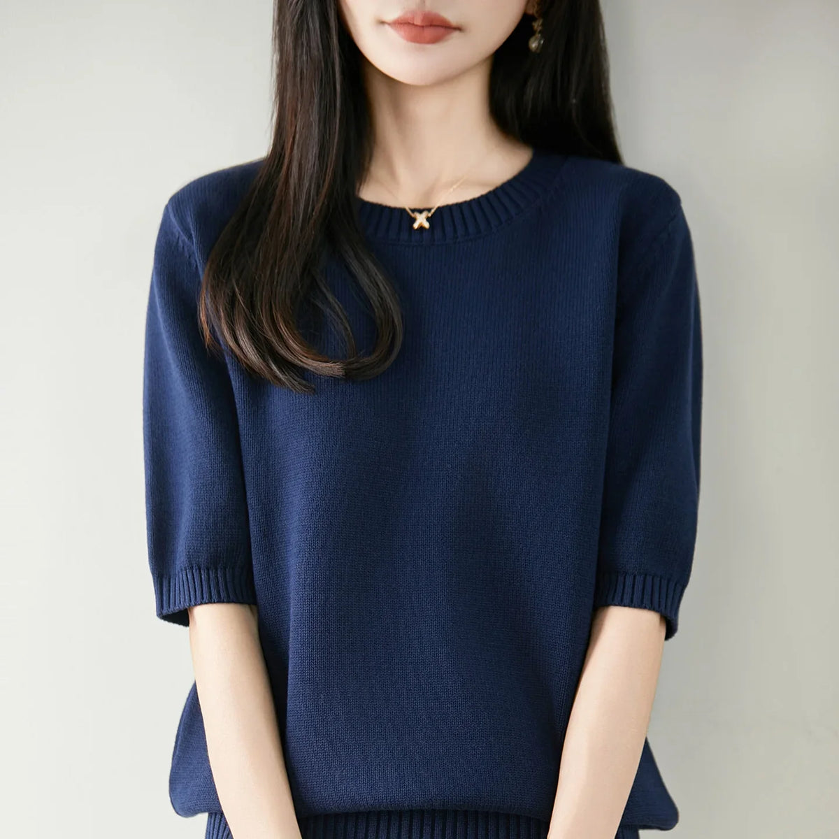 Damen Kurzarm Strickpullover Rundhals Weich Strickshirt