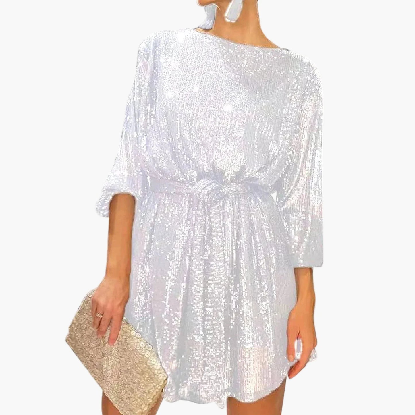 Damen Pailletten Minikleid mit Gürtel – Elegantes Party- und Cocktailkleid
