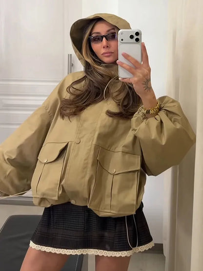 Damen Kurzjacke mit Kapuze und Reißverschluss Rot