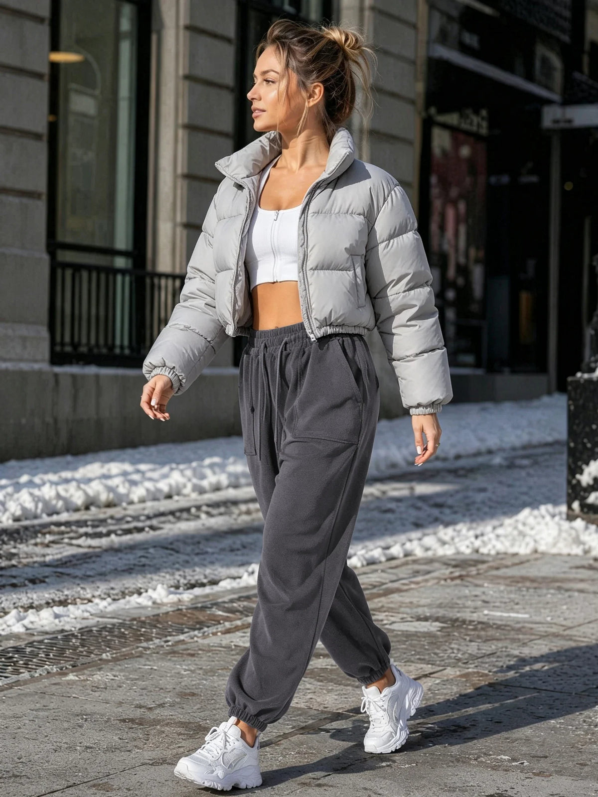 Damen Jogginghose Fleece Gefüttert Hochtailliert Dunkelgrau