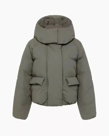 Kurze Damen Pufferjacke mit Kapuze und Taschen, Beige