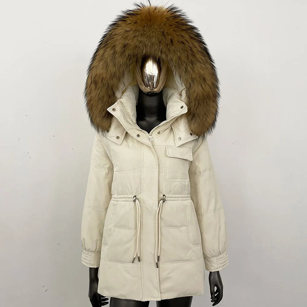 Damen Winter Parka mit Kapuze und Fellkragen Tunnelzug Weiß