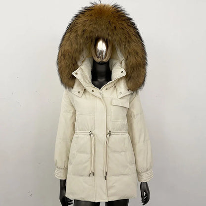 Damen Winter Parka mit Kapuze und Fellkragen Tunnelzug Weiß