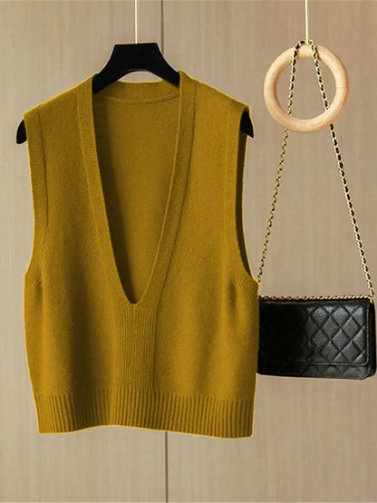 Damen Strickweste Pullover Weste V-Ausschnitt Ärmellos Kurzer Schnitt