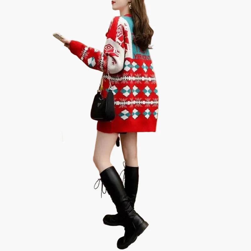 Damen Weihnachts-Pullover Kleid mit 3D Schneemann und Norwegermuster – Lustiges Ugly Christmas Sweater für Winter & Party
