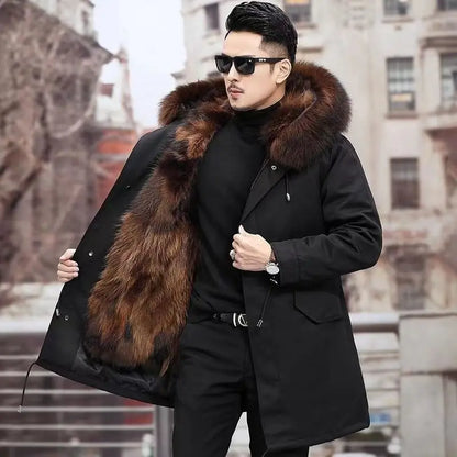 Herren Winterparka Schwarz mit Plüschfutter und Pelzbesatz Kapuze