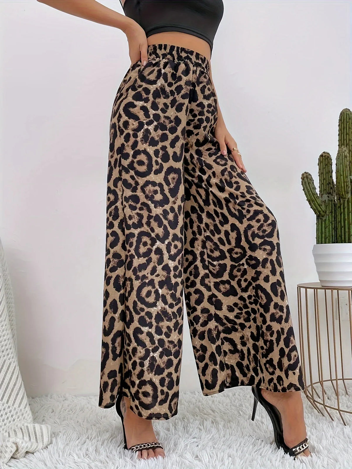 Damen Palazzo Hose Leo-Print Weites Bein