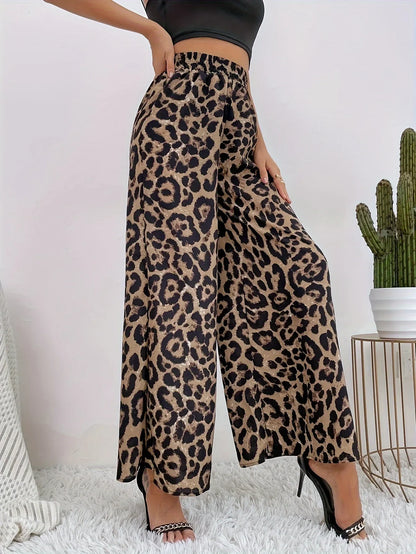 Damen Palazzo Hose Leo-Print Weites Bein