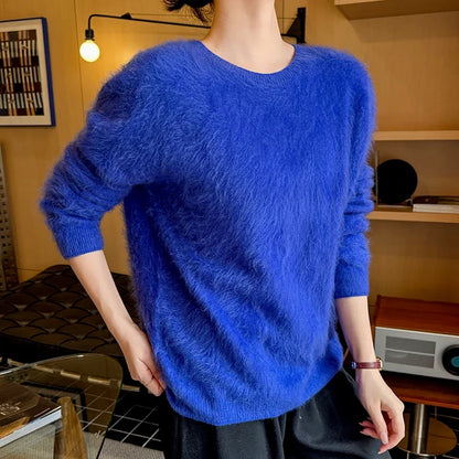 Damen Pullover flauschig weich Rundhalsausschnitt Langarm Strickpullover
