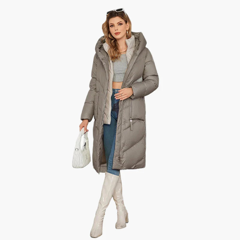Damen Winter Steppmantel mit Kapuze, langer Daunenstil, modisch und warm für Alltag & Freizeit