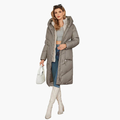 Damen Winter Steppmantel mit Kapuze, langer Daunenstil, modisch und warm für Alltag & Freizeit