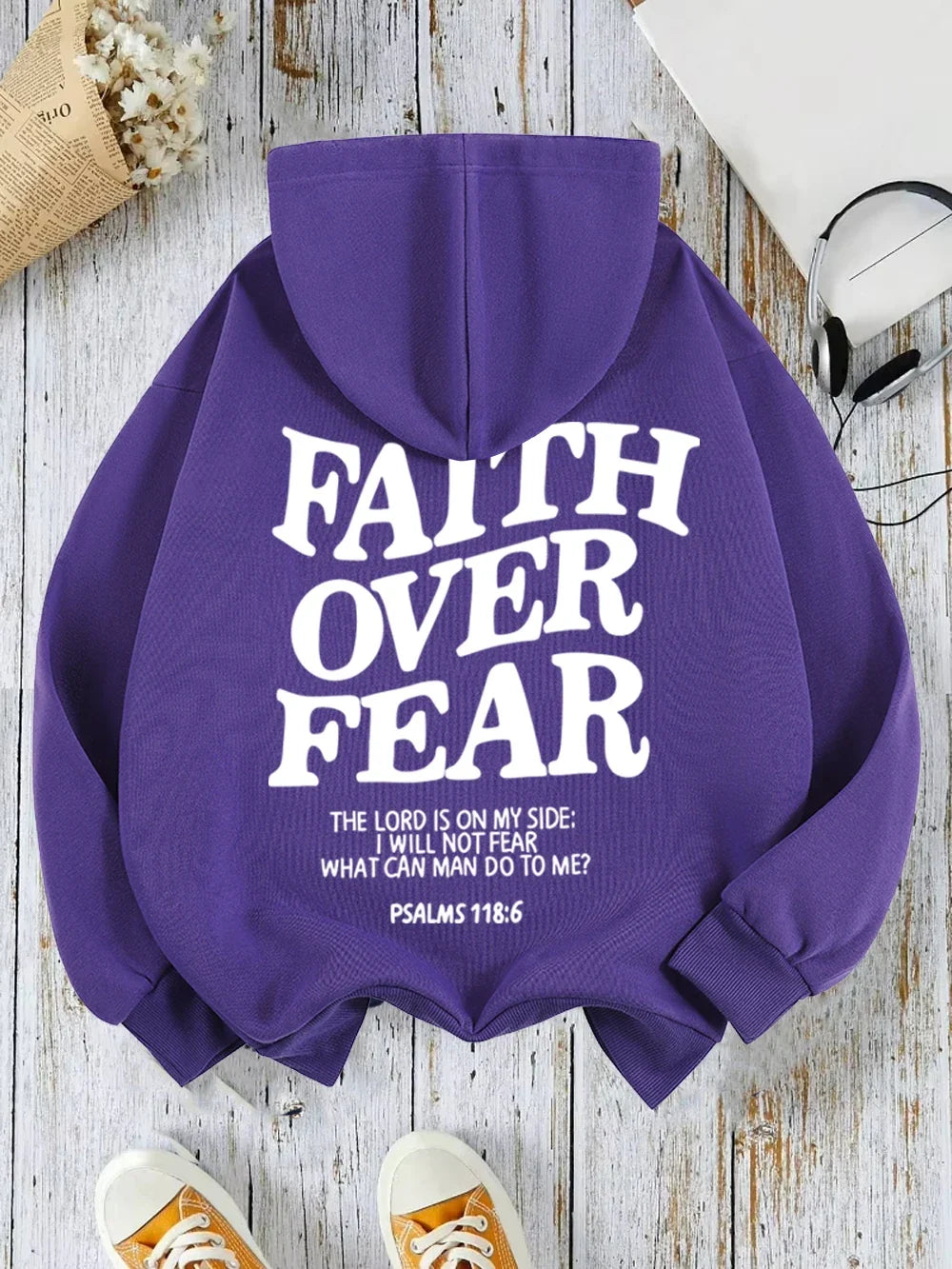Hoodie mit Kapuze und "Faith Over Fear" Druck, lockere Passform