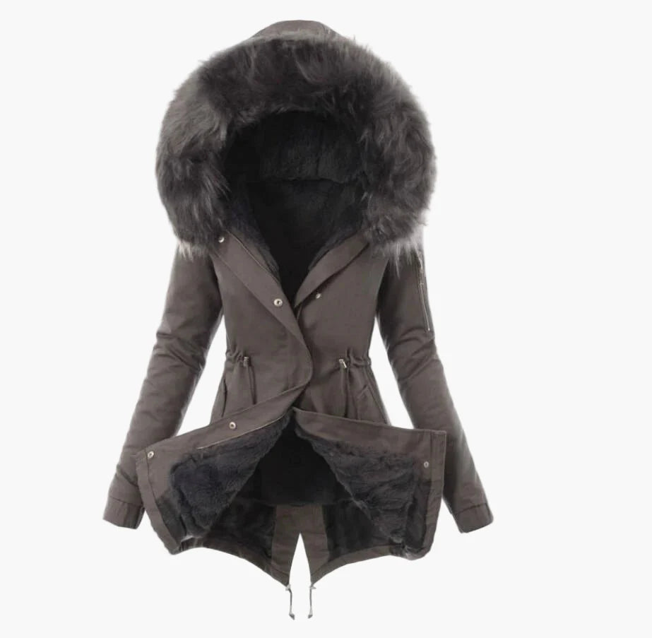 Damen Wintermantel mit Kapuze und Kunstfell-Futter – Eleganter, warmer Parka für kalte Tage