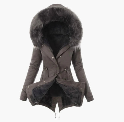 Damen Wintermantel mit Kapuze und Kunstfell-Futter – Eleganter, warmer Parka für kalte Tage