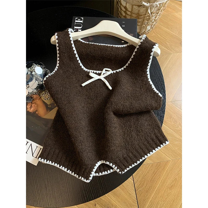 Gestricktes Crop Top Damen Ärmellos mit Schleife und Wellenkante