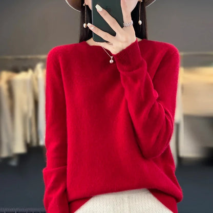 Damen Pullover Rundhals Langarm Strickpullover Weich Unifarben