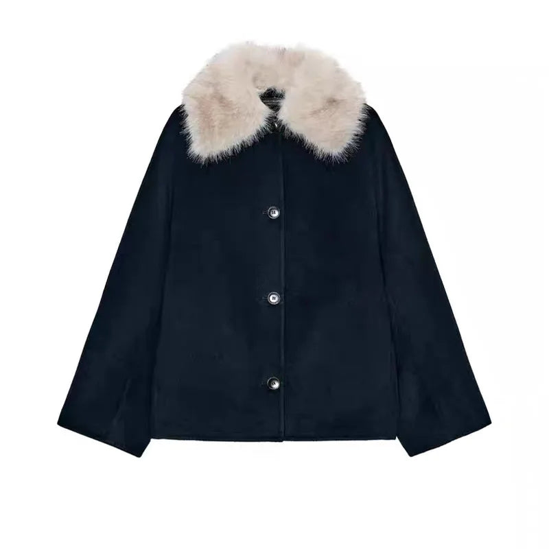 Damen Bomberjacke mit Kapuze und Fellimitatbesatz Kurz