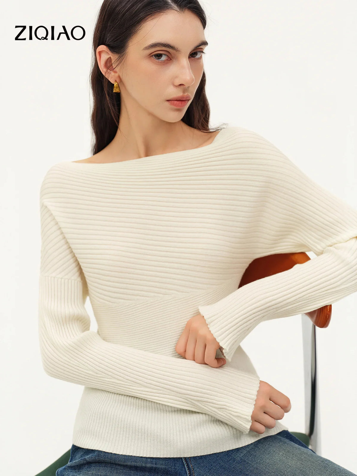 Damen Rippstrick Pullover U-Boot-Ausschnitt Langarm Beige