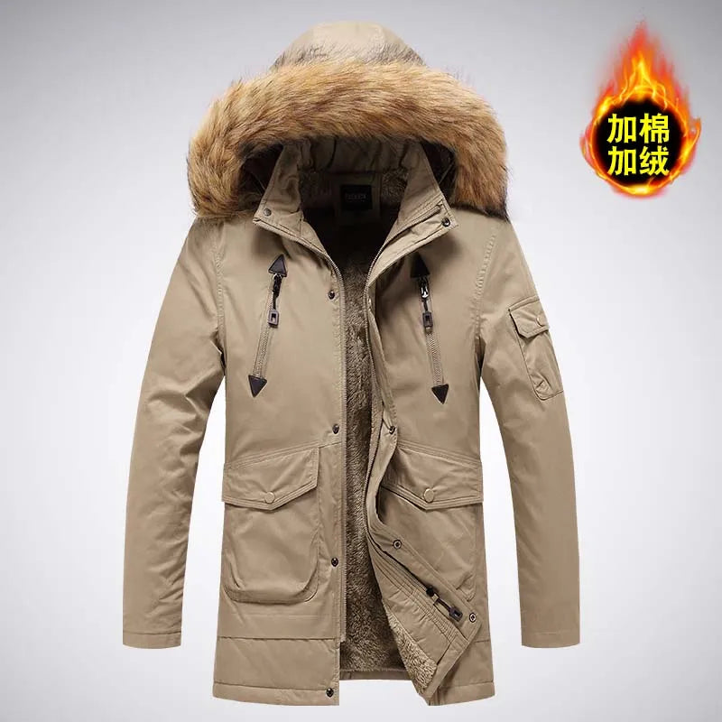 Herren Winterparka mit Kapuze und Pelzbesatz, warm gefütterte Jacke mit Reißverschluss- und Pattentaschen