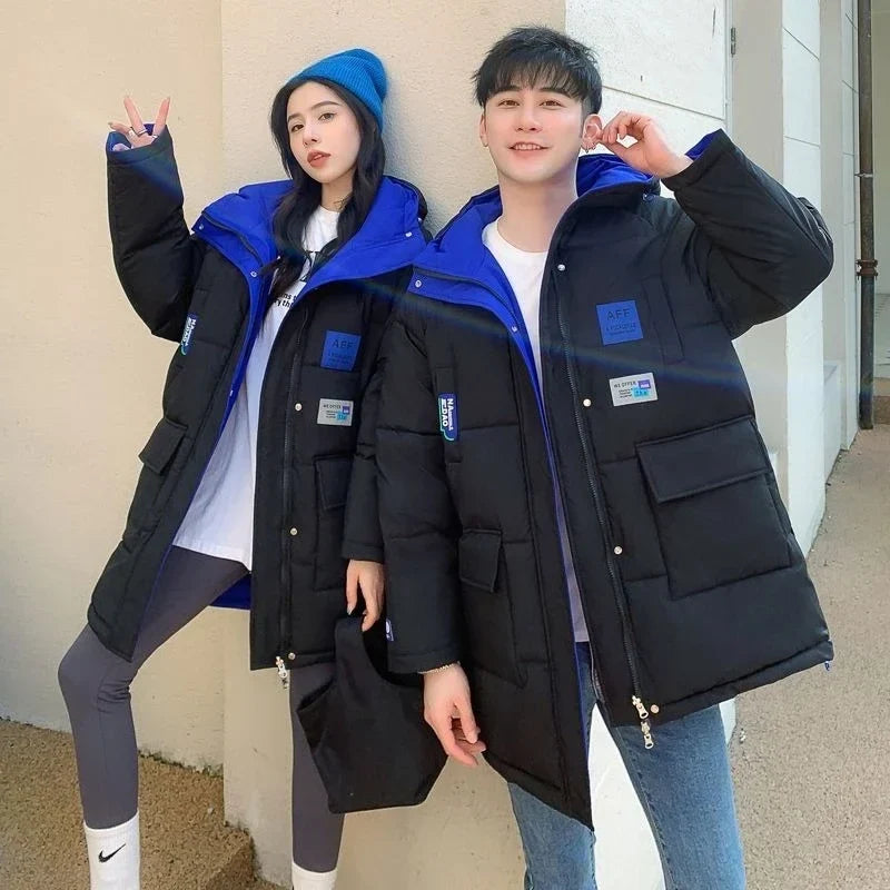 Unisex Winter Steppjacke mit Kapuze, lange Winterjacke Schwarz Blau Weiß