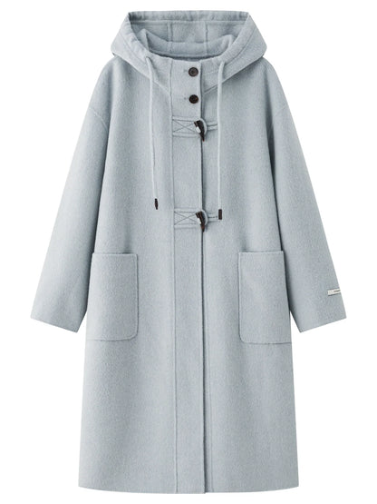 Damen Dufflecoat Langer Wintermantel mit Kapuze und Knebelverschlüssen
