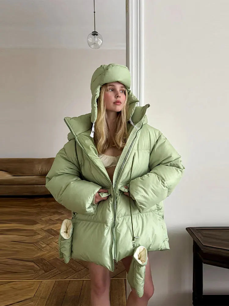 Damen Oversize Steppjacke Winterjacke mit Kapuze