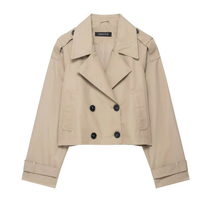 Kurze Damen Übergangsjacke mit Doppelreiher-Knöpfen in Beige/Braun