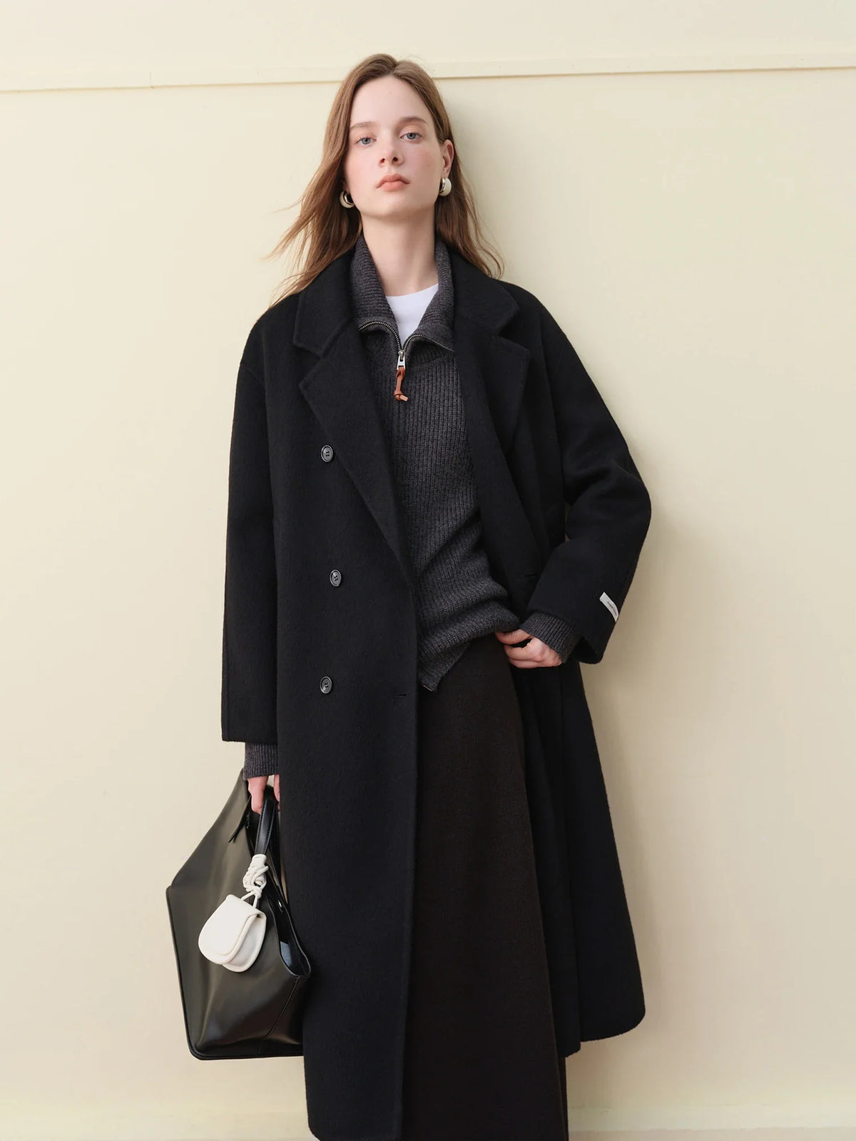 Damen Langer Mantel Zweireihig mit Bindegürtel Klassischer Wollmantel Warm