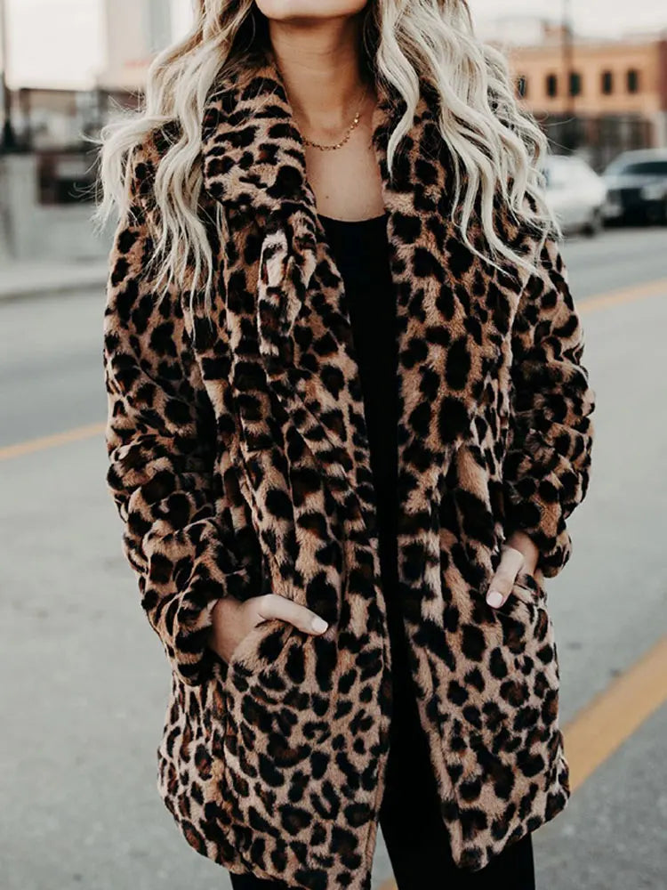 Damen Kurzmantel Leopard Print Plüschmantel