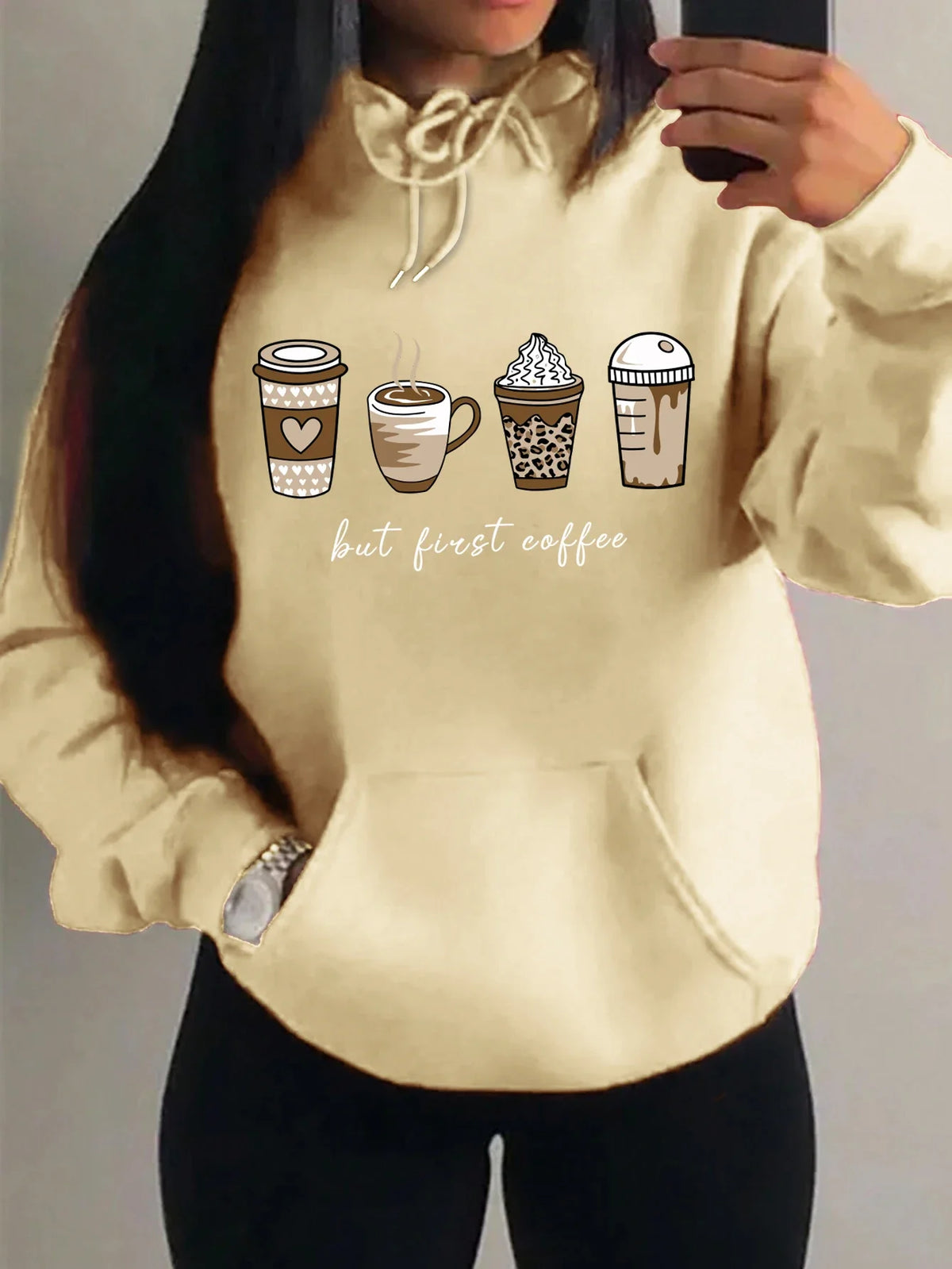 Damen Hoodie "But First Coffee" mit Kaffeetassen-Print Kapuzenpullover