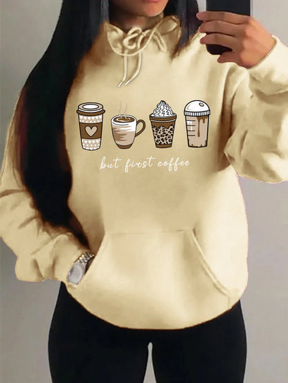 Damen Hoodie "But First Coffee" mit Kaffeetassen-Print Kapuzenpullover