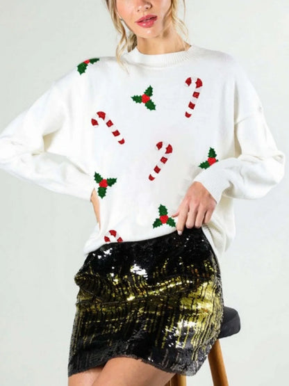 Grüner Weihnachtspullover Damen mit Zuckerstangen & Stechpalmen Motiven Rundhals Langarm