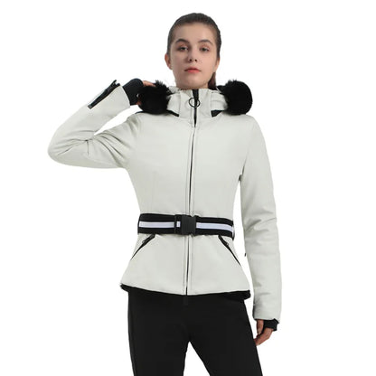 Damen Skijacke mit Kunstfellkapuze & Gürtel, Schwarz-Beige Hahnentritt