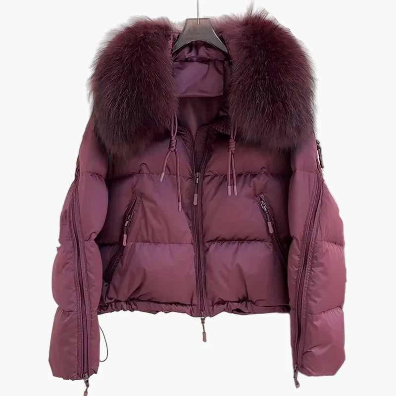 Damen Winter Daunenjacke mit Kapuze und Fellkragen – Modische warme Outdoorjacke