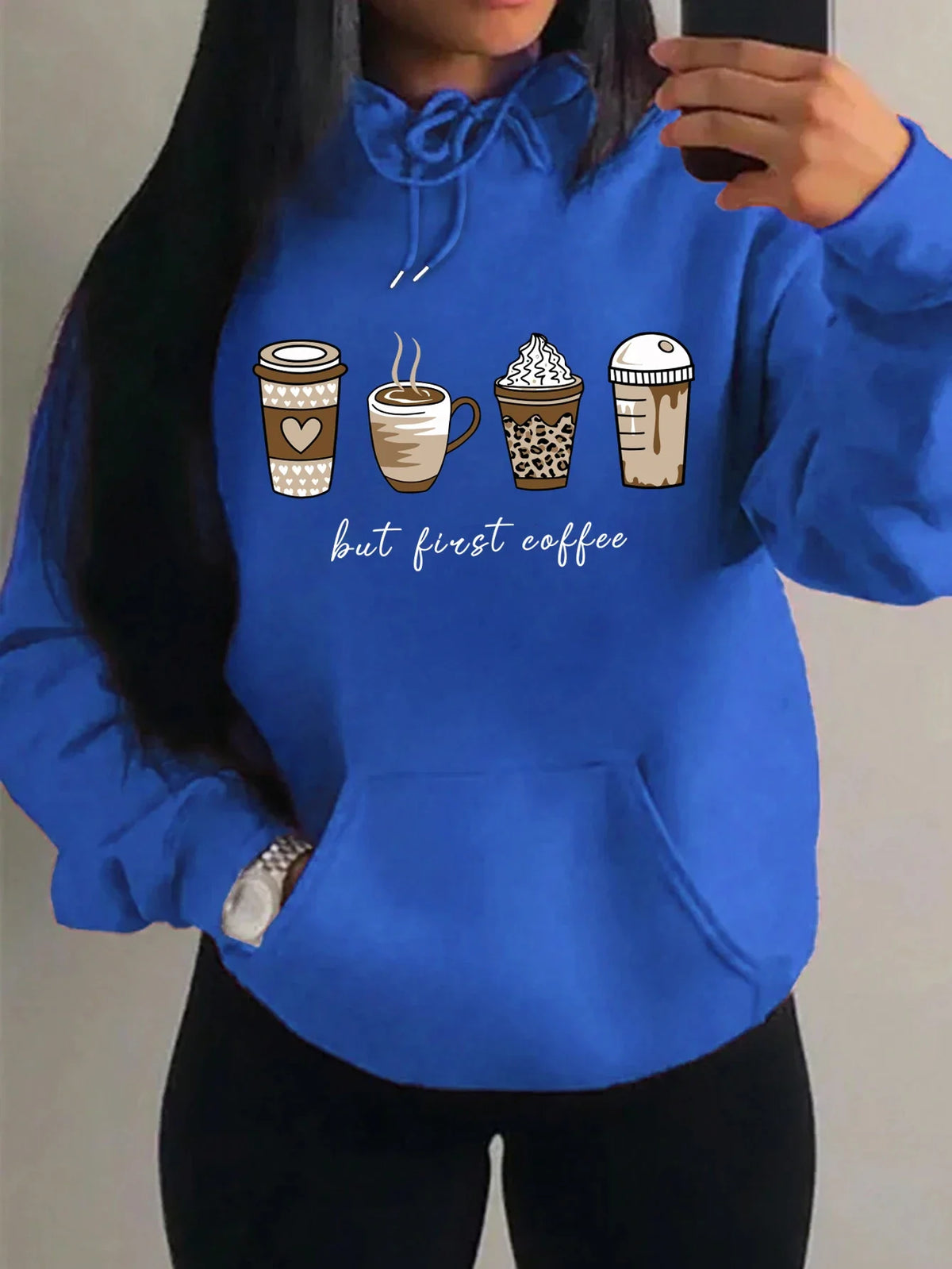 Damen Hoodie "But First Coffee" mit Kaffeetassen-Print Kapuzenpullover