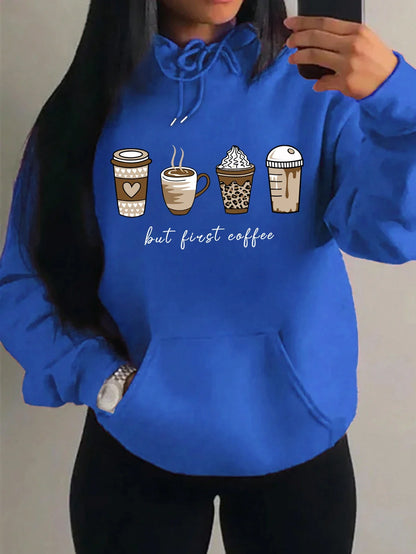Damen Hoodie "But First Coffee" mit Kaffeetassen-Print Kapuzenpullover