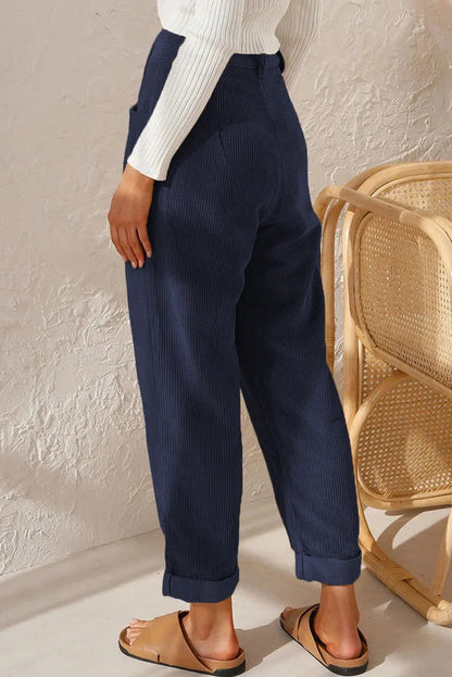 Damen Cordhose Plissee High Waist Cropped-Hose mit Falten